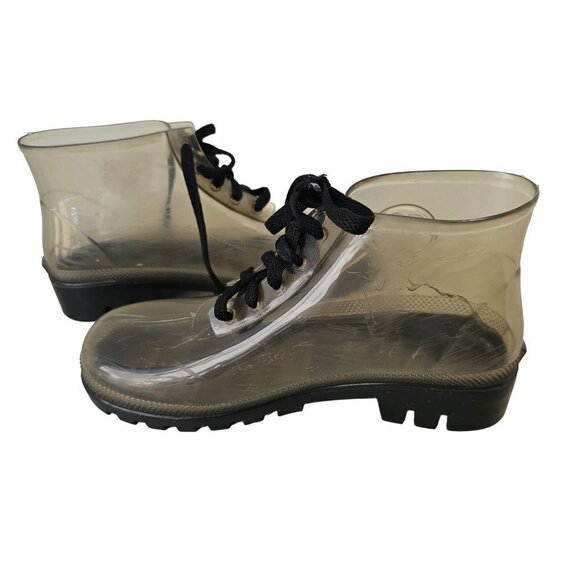 JuJu Clear Rubber Wellies Rain Booties Lace Up Black Tread Womens US 6 UK 4 - Picture 3 of 10